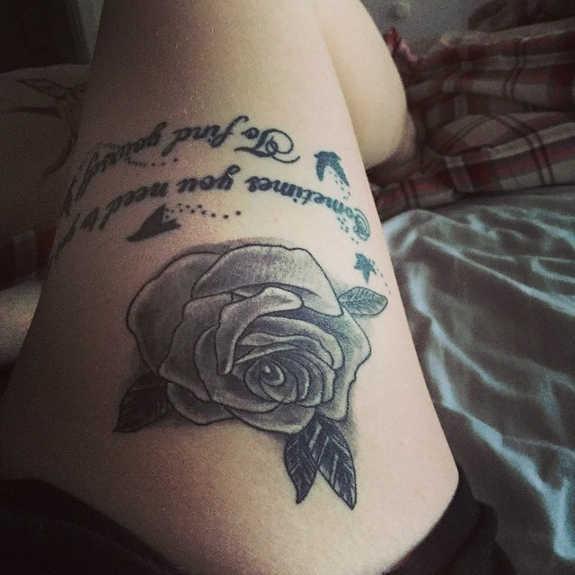 Grey Rose Flower Tattoo On Thigh