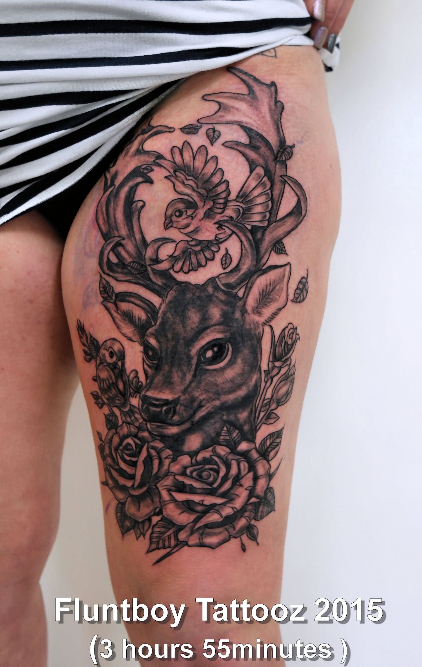 Grey Rose Flowers And Deer Head Tattoo On Left Thigh by Fluntboy