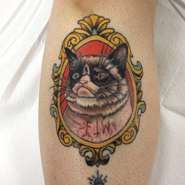 Grumpy Cat Head In Mirror Frame Tattoo by Tommy Coon