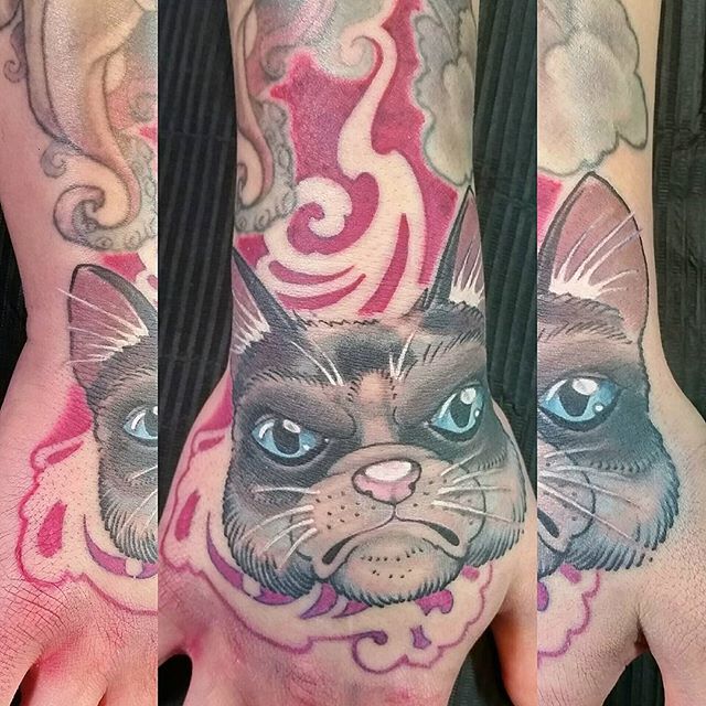 Grumpy Cat Head Tattoo On Right Hand