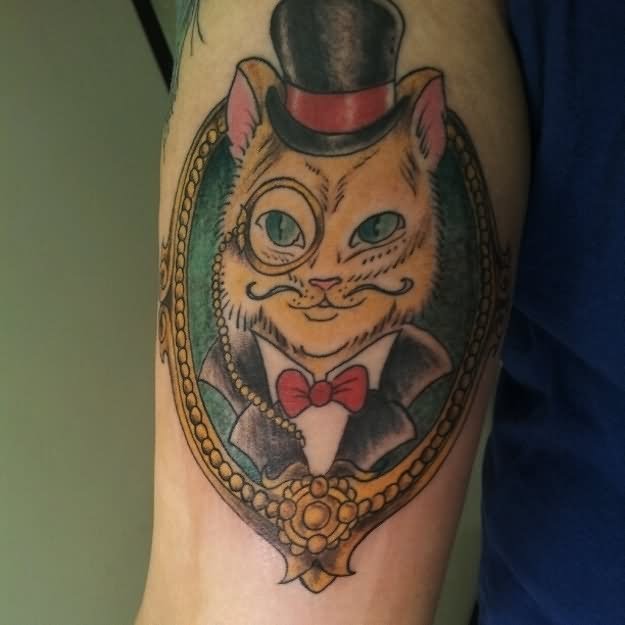 Grumpy Cat Portrait In Frame Tattoo On Bicep