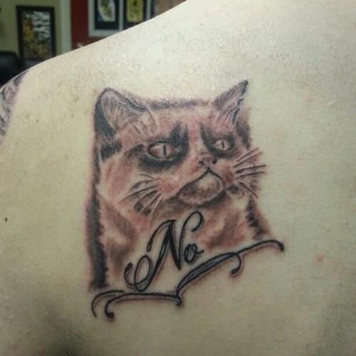 Grumpy Cat Tattoo On Left Back Shoulder