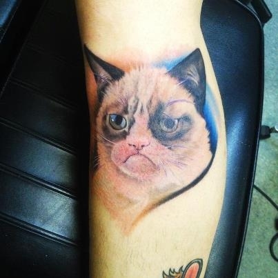 Grumpy Cat Tattoo On Leg