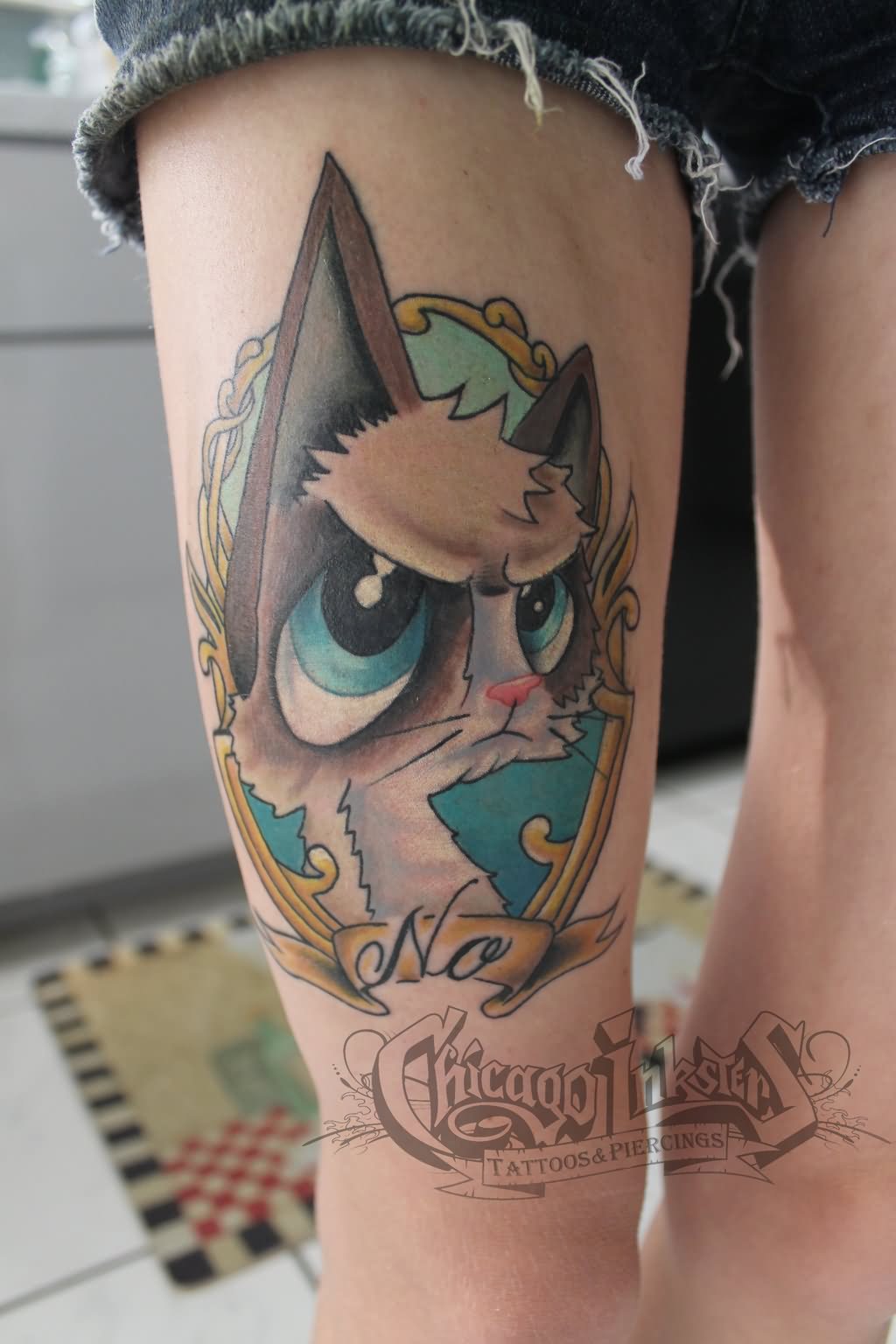 Grumpy Cat Tattoo On Thigh by Peaceful Peas