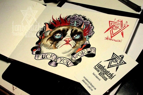 Grumpy Cat With Fuck You World Banner Tattoo Design
