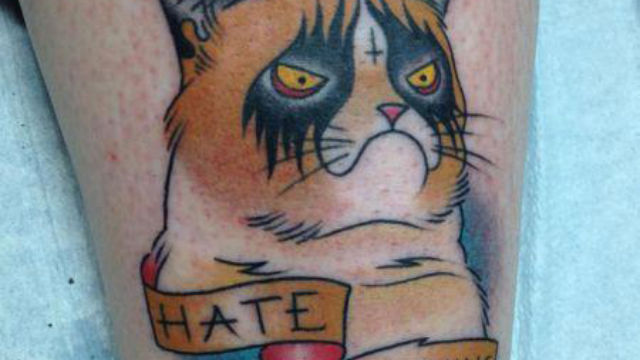 Grumpy Cat With Hate Banner Tattoo