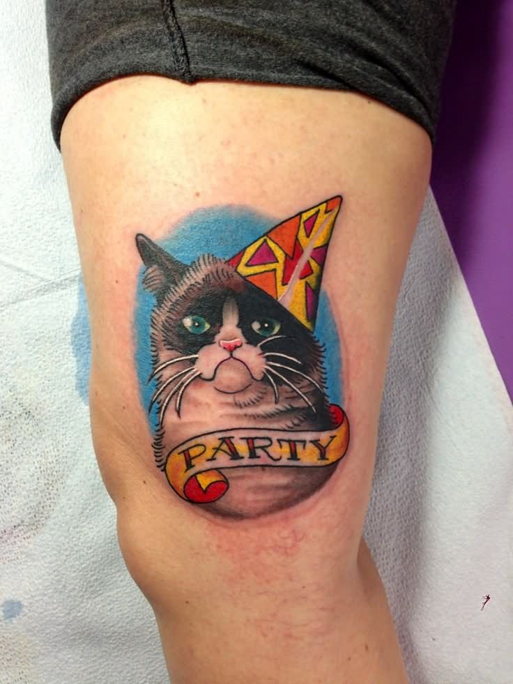 Grumpy Cat With Party Hat And Banner Tattoo by Megon Shore