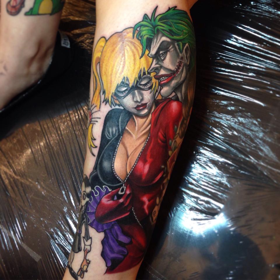 Harley Quinn And Joker tattoo On Leg by Paul Priestley