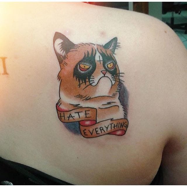 Hate Everything Grumpy Cat Tattoo On Right Back Shoulder by Amanduh Mathews