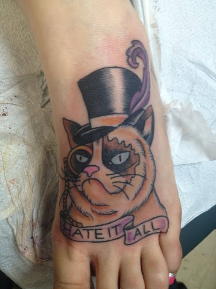 Hate It All Grumpy Cat With Black Hat Tattoo On Left Foot