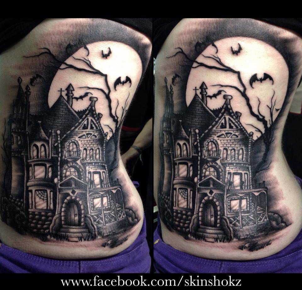 Haunted House Tattoo On Side Rib by Paul Priestley