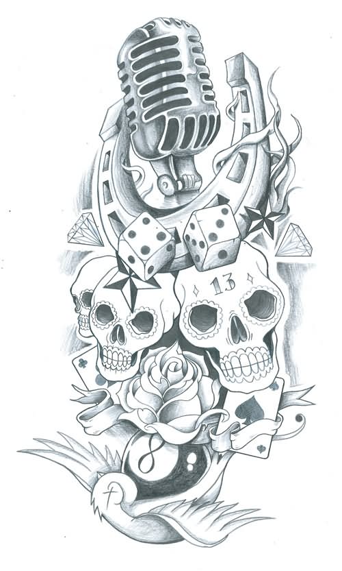 Horseshoe With Skulls And Microphone Tattoo Design