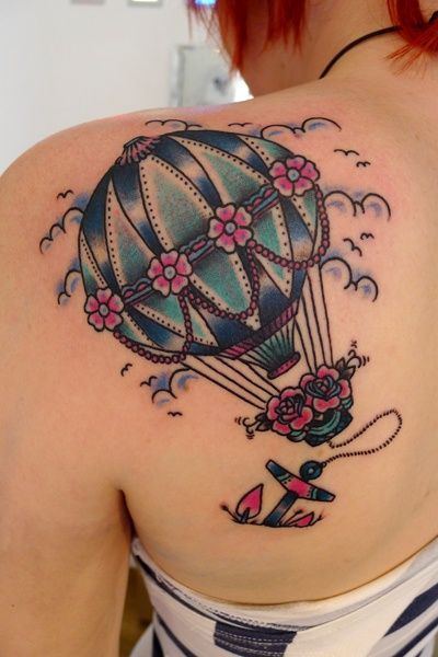 Hot Balloon Tattoo On Girl Left Back Shoulder