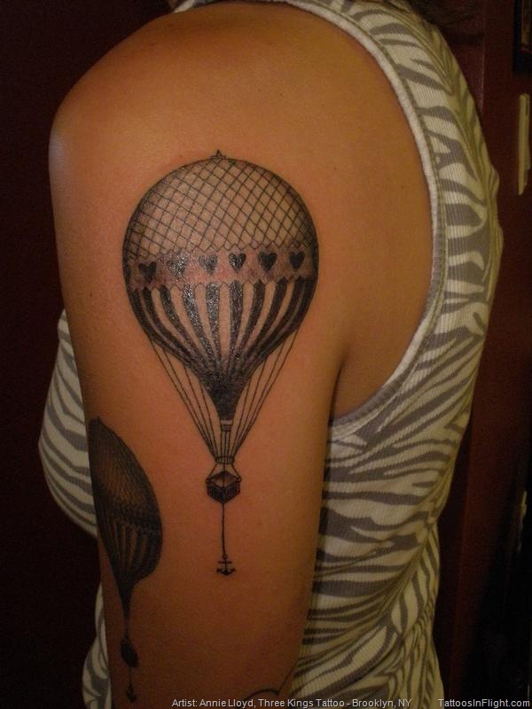 Hot Balloon Tattoo On Girl Left Shoulder