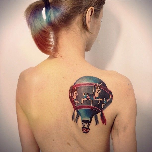Hot Balloon Tattoo On Girl Right Back Shoulder