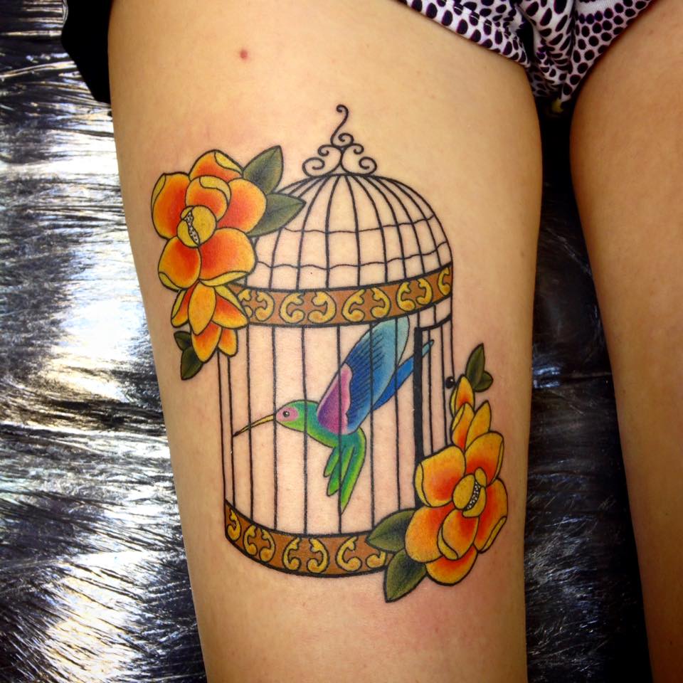 Hummingbird In Cage Tattoo Done by Holly