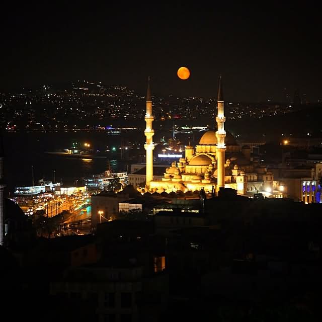 Incredible Night View Of The Yeni Cami With Full Moon