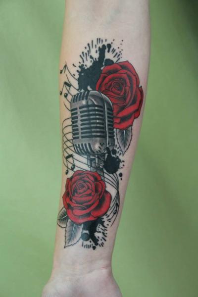 Ink Spots Roses And Microphone Tattoo On Forearm by Skin Deep Art