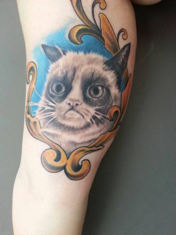 Inner Bicep Color Grumpy Cat Tattoo