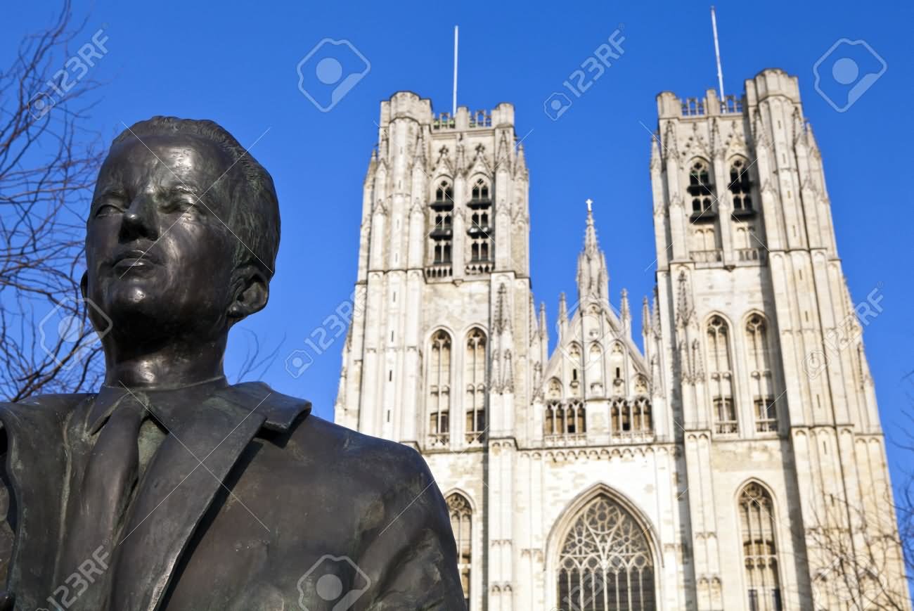 King Baudouin Statue In Front Of Cathedral of St. Michael and St. Gudula