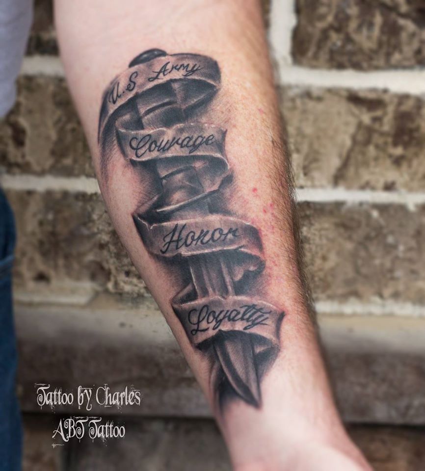 Knife With Banner Tattoo On Forearm by Charles