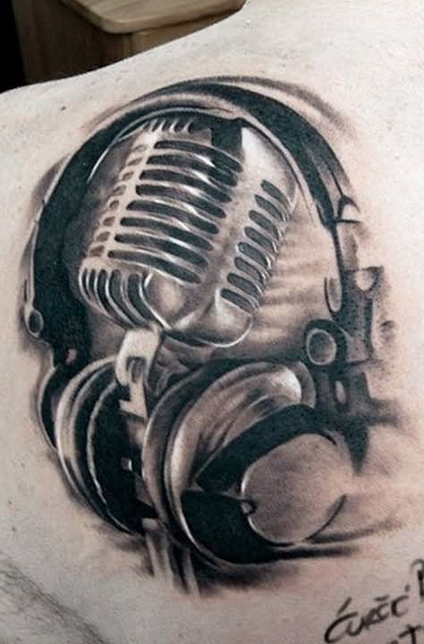 Left Back Shoulder Head Phones And Microphone Tattoo