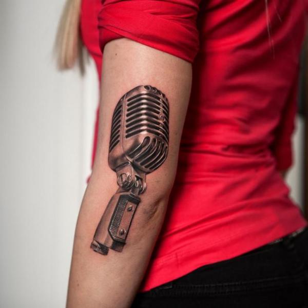 Left Elbow Sleeve Grey Microphone Tattoo
