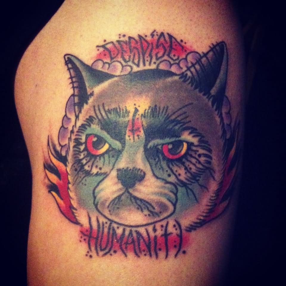Left Shoulder Color Grumpy Cat Tattoo