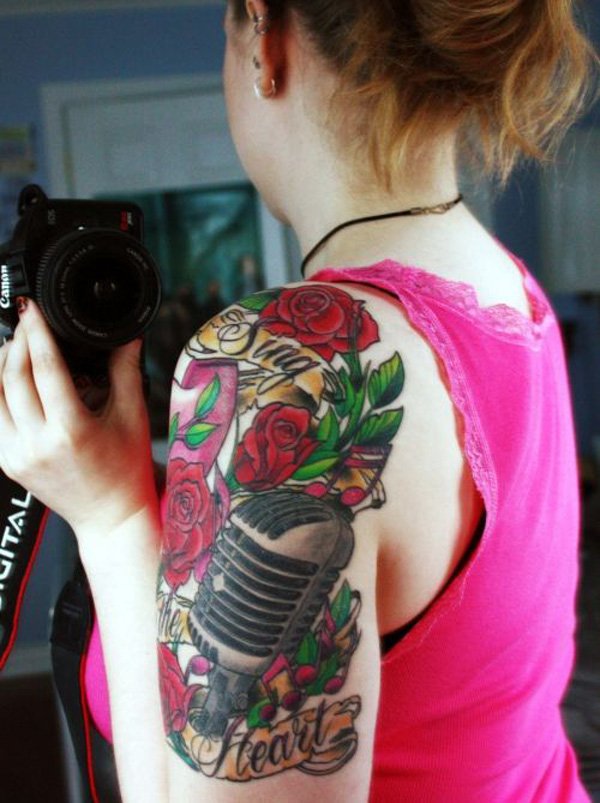 Left Shoulder Microphone Rose Tattoo For Girls