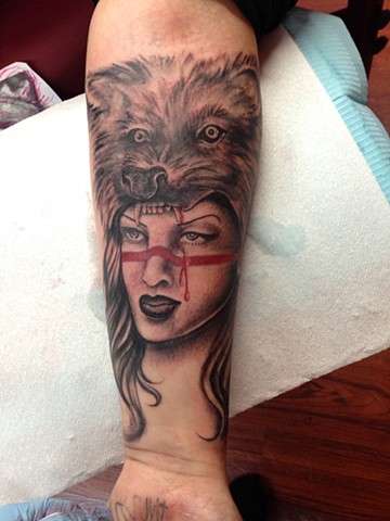 Left forearm Wolf Girl Tattoo