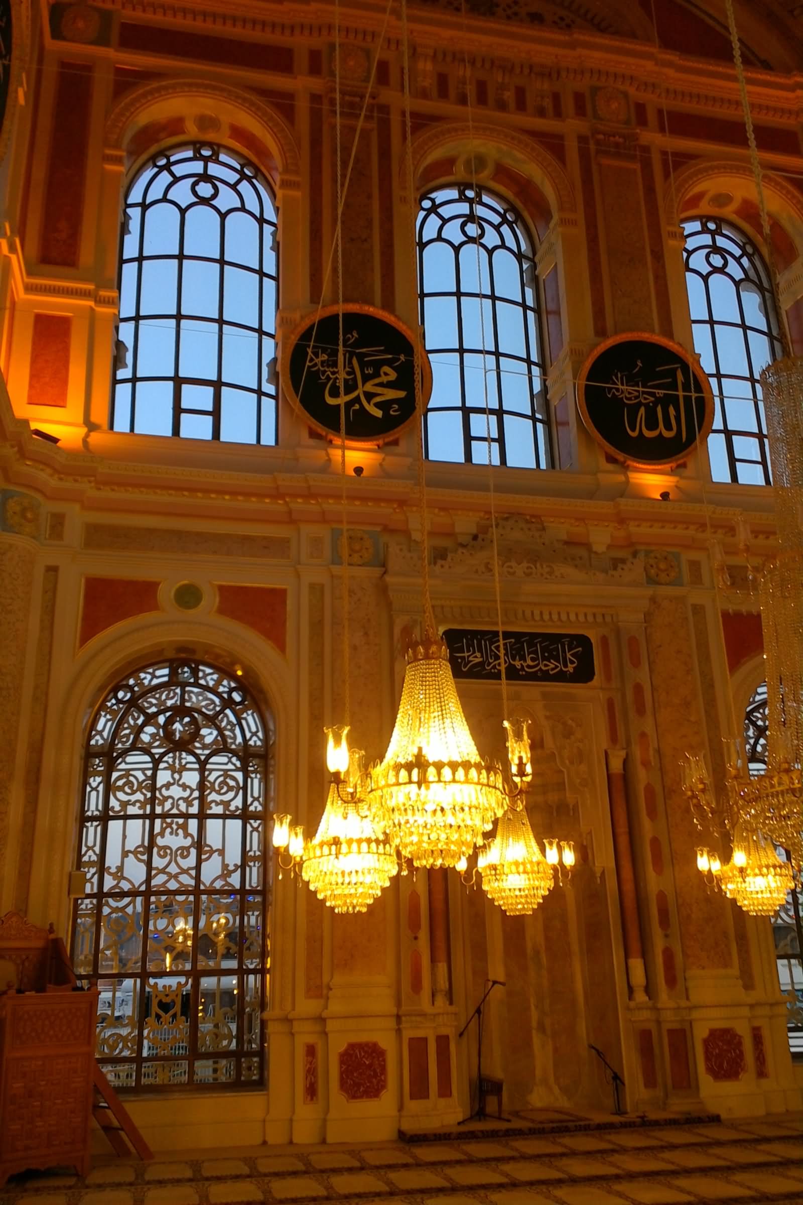 Lighting Chandeliers Inside The Ortakoy Mosque In Istanbul