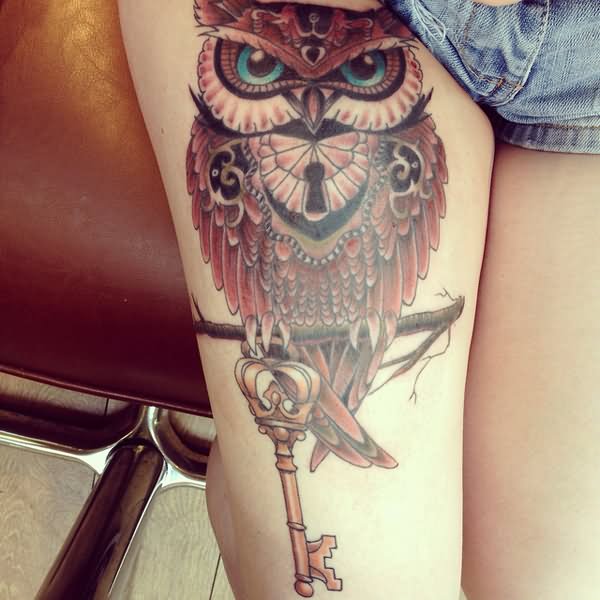 Lock Owl And Key Tattoo On Girl Right Thigh