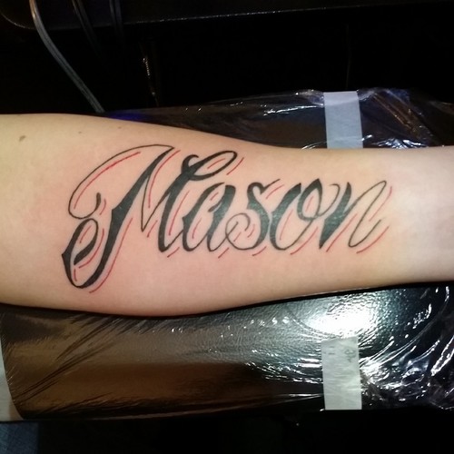 Mason Name Tattoo On Left Forearm