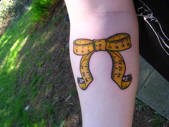 Measure Tape Yellow Ribbon Tattoo On Leg Calf