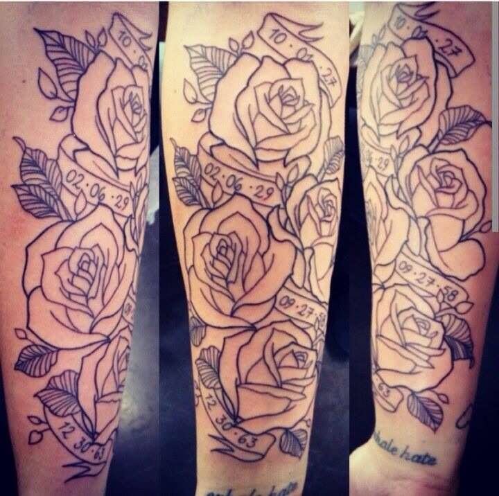 Memorial Black Outline Roses With Banner Tattoo Design For Forearm