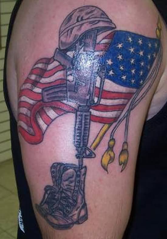 Memorial Military Equipments With USA Flag Tattoo On Right Half Sleeve