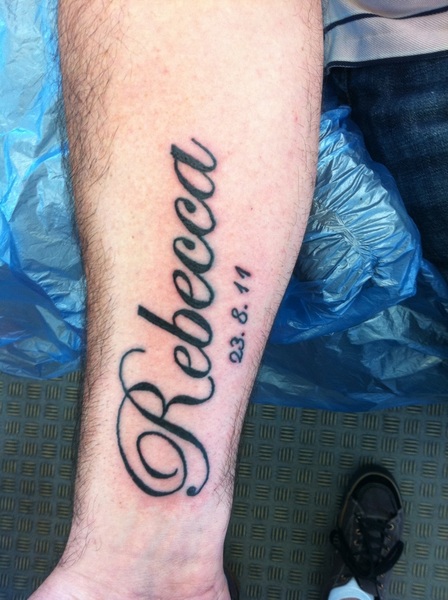 Memorial Rebecca Name Tattoo On Forearm
