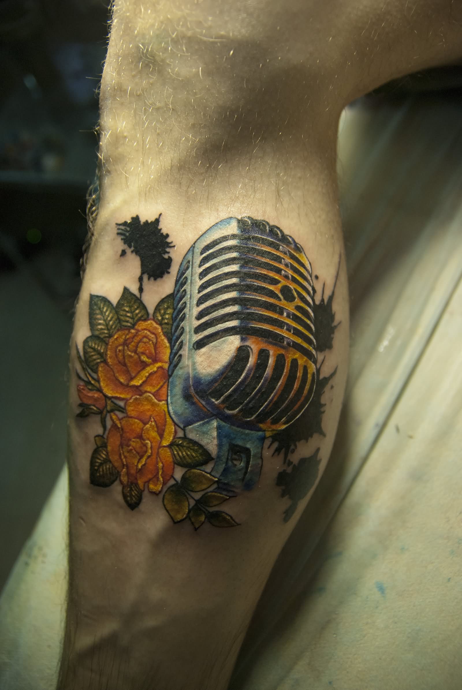 Microphone Rose Tattoo On Leg by ED Tattoo
