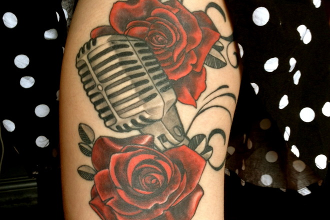 Microphone Rose Tattoo On Shoulder
