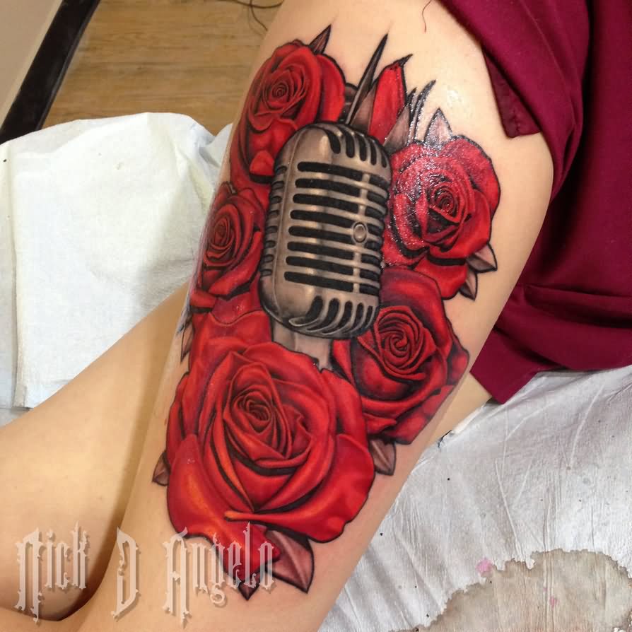 Microphone Rose Tattoos On Leg by Nickdangelo Tattoos