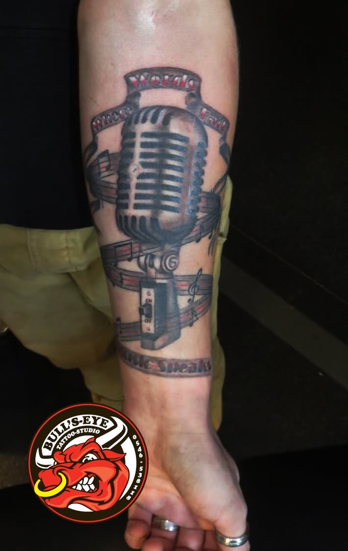 Microphone Tattoo On Left Forearm by Bullseyetattoo