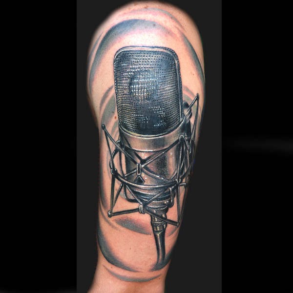 Microphone Tattoo On Left Shoulder