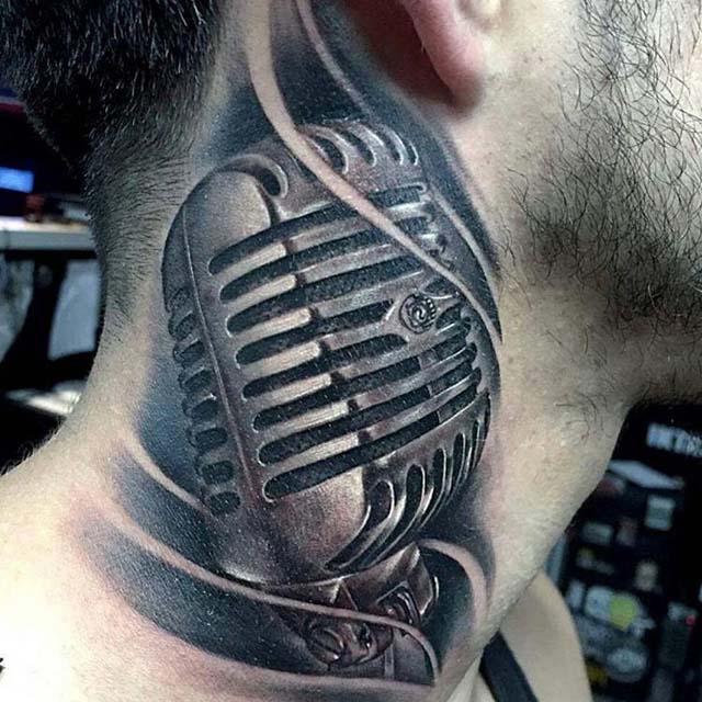 Microphone Tattoo On Side Neck by Daniel Fonseca