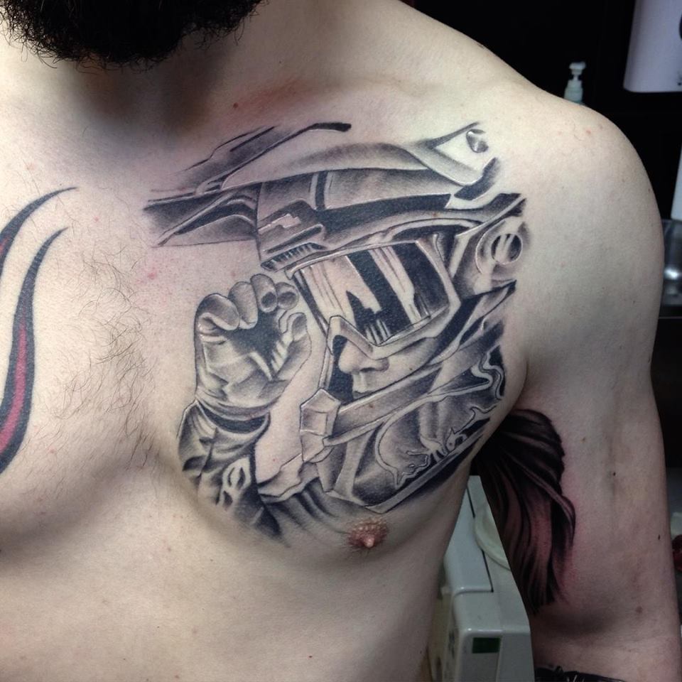 Motocross Tattoo On Chest by Paul Priestley