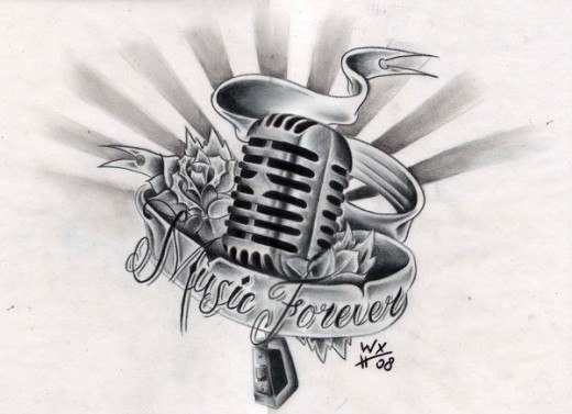 Music Forever Banner And Microphone Tattoo Design
