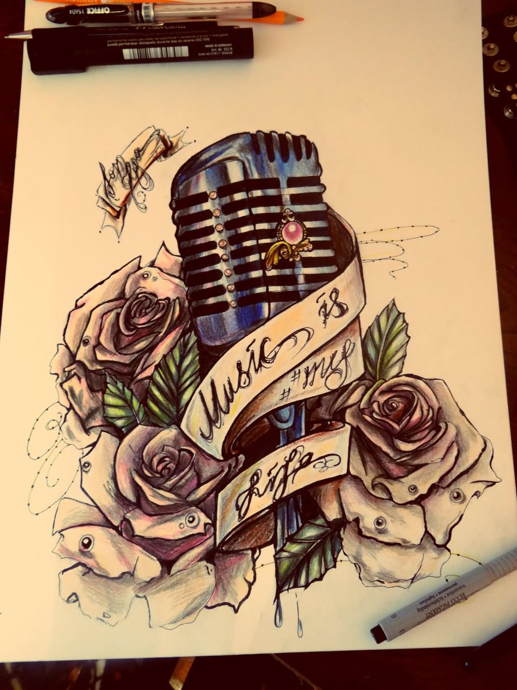 Music Life Banner And Microphone Tattoo Design by Shitachi