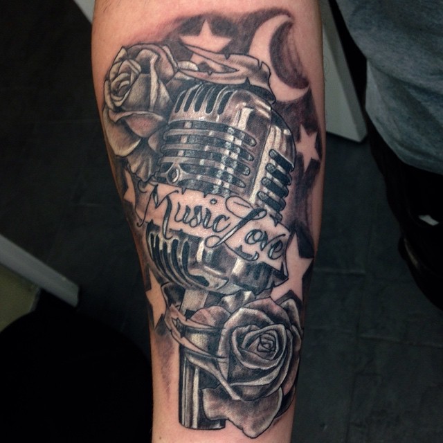 Music Love Banner And Microphone Tattoo On Arm Sleeve