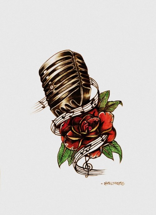 Music Notes Red Rose And Microphone Tattoo Design