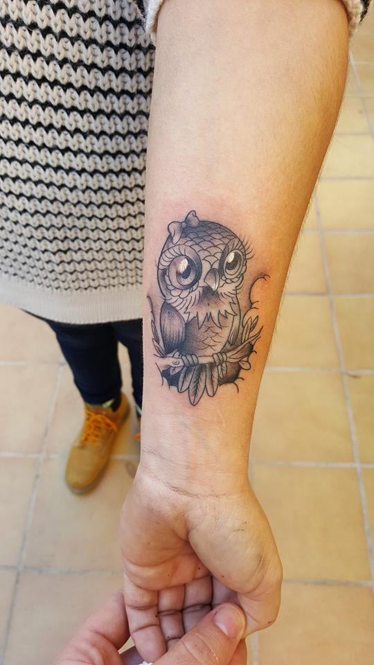 New School Owl Tattoo On Left Wrist by David Torres