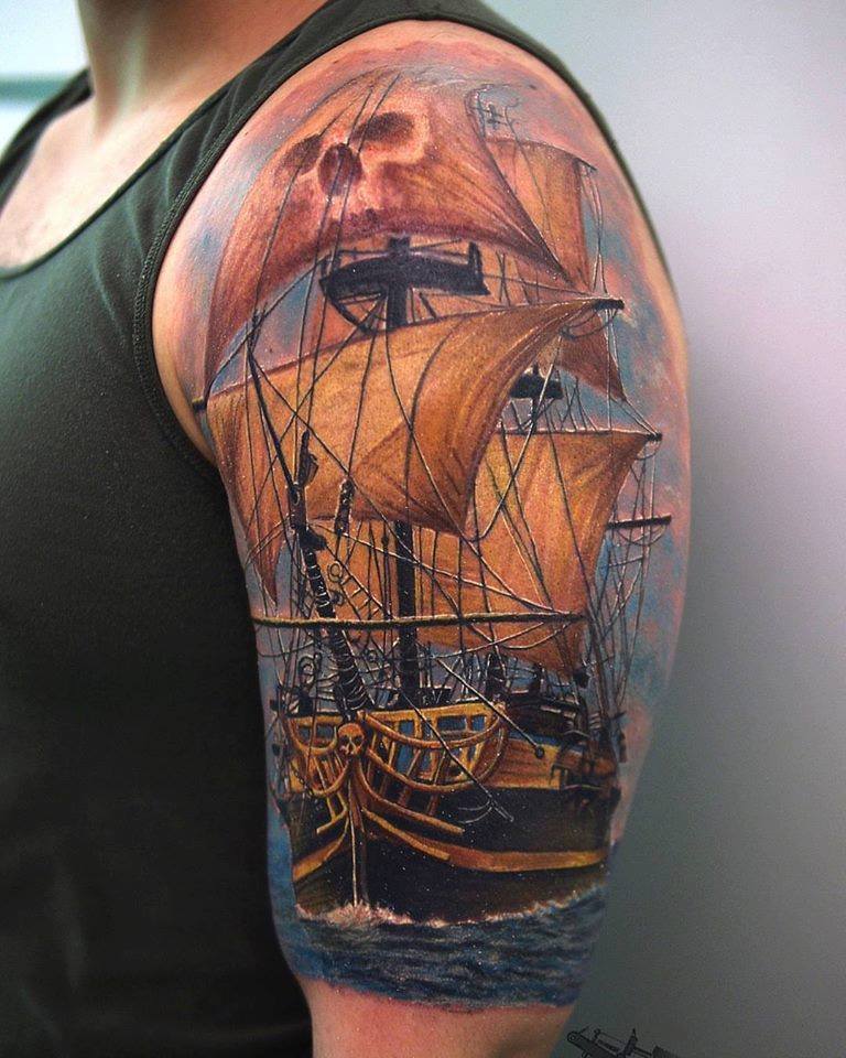 Nice Colored Pirate Ship Tattoo On Left Half Sleeve by Cris Gherman